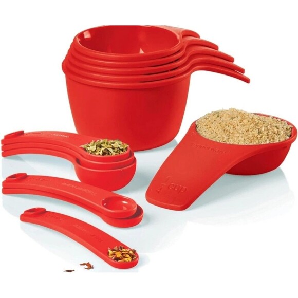 New Tupperware Red Chili Color Curved 12 Pc Measuring Cup And Spoon Set - Picture 1 of 7